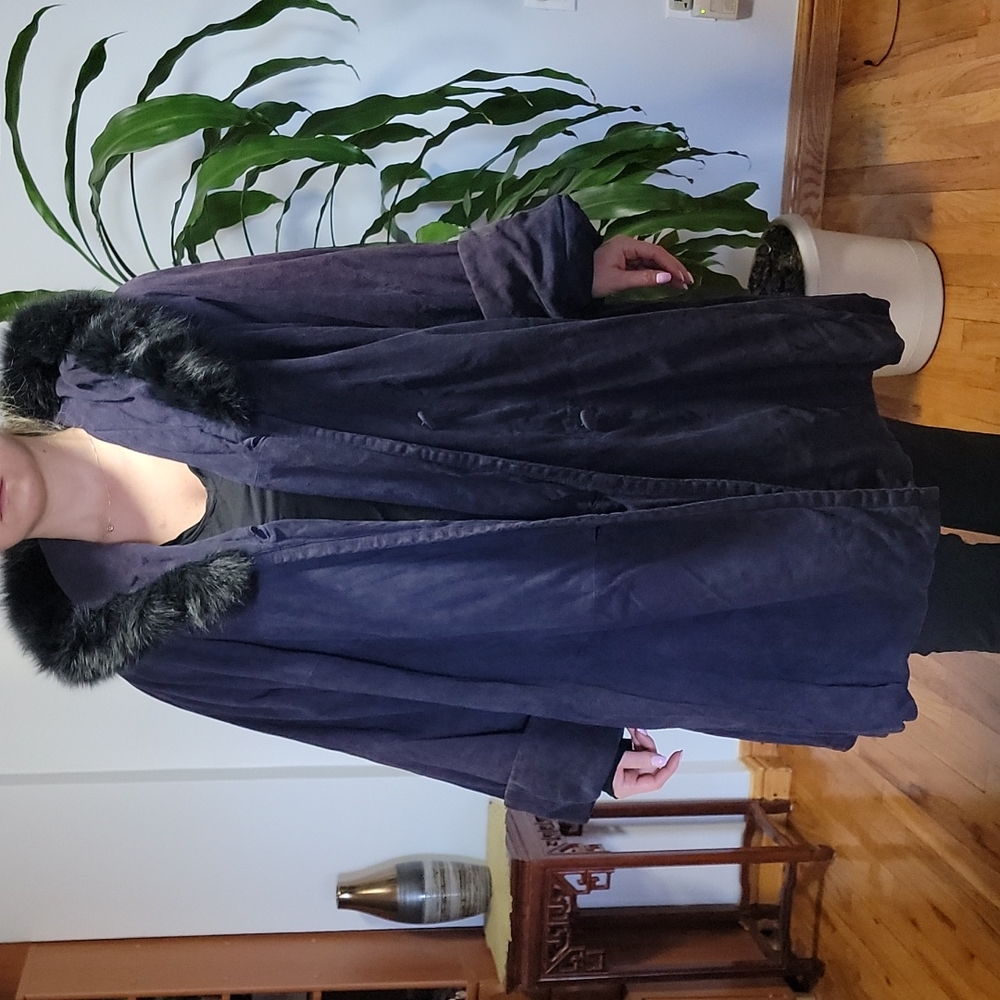 European Blue Suede button down winter coat w a hood